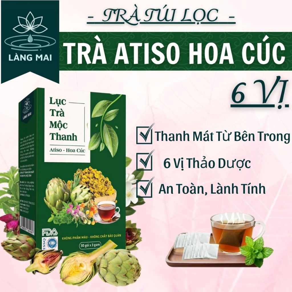 Trà Atiso 6 vị thảo mộc - Làng Mai - hộp 30 gói được sấy tự nhiên, trà có vị ngọt thanh, hậu vị mát