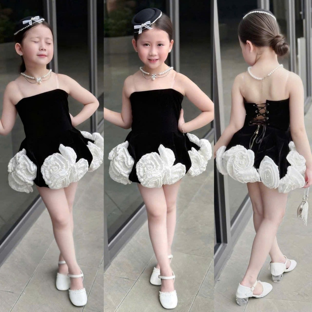 Váy Đầm Công Chúa Bé Gái Thiết Kế Dự Tiệc, Thân Đính Hoa 3D Thủ Công Cao Cấp, Form Chuẩn Sang Trọng, Đầm Đôi Mẹ và Bé