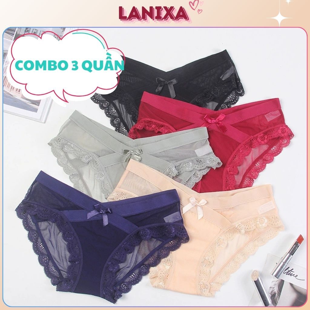 COMBO 4 Quần lót nữ cotton phối lưới thoáng mát cạp vừa tôn dáng sexy kiểu dáng đính nơ LANIXA L8136