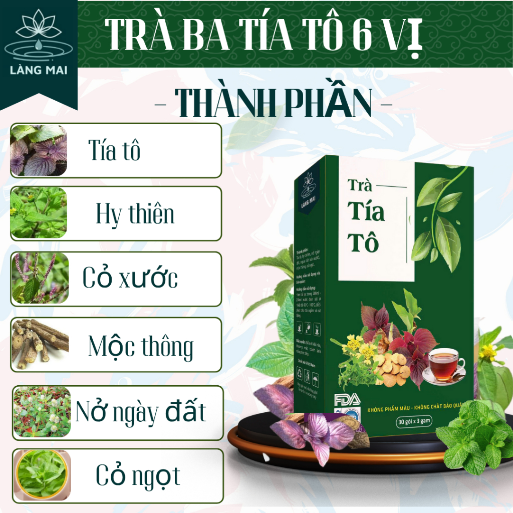 Trà Tía Tô - Làng Mai - 6 Vị  hộp 30 gói được sấy tự nhiên, trà có vị ngọt thanh, hậu vị mát.