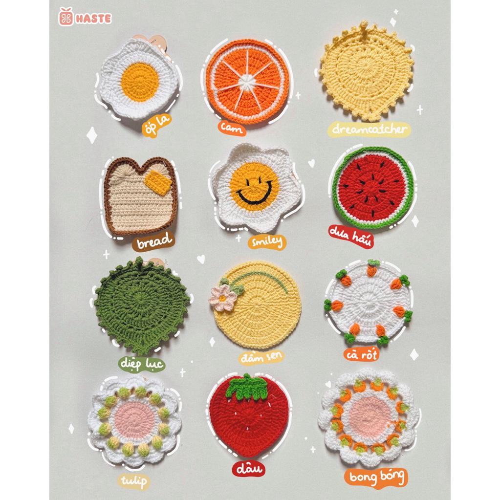 Lót Ly Len Trái Cây Nhiệt Đợi Fruit Dâu Táo Cam Kiwi Thơm Dưa Hấu Rau Củ Cà Rốt Tổng Hợp Dễ Thương Handmade Quà Tặng
