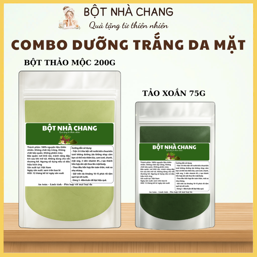 Combo 2 Gói Dưỡng trắng da mặt [200g Bột Thảo mộc + 75g Bột Tảo xoắn] + tặng bộ dụng cụ đắp mặt