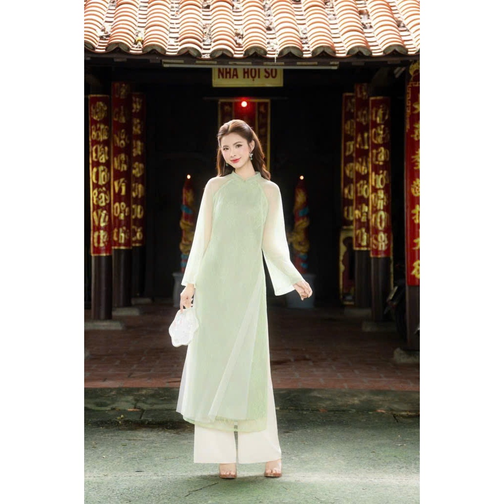 LASY Thời Trang Nữ|  Áo Dài Ren Hoa Phối Lưới Tay Dài Kèm Quần - Tôn Vẻ Quý Phái AD1482