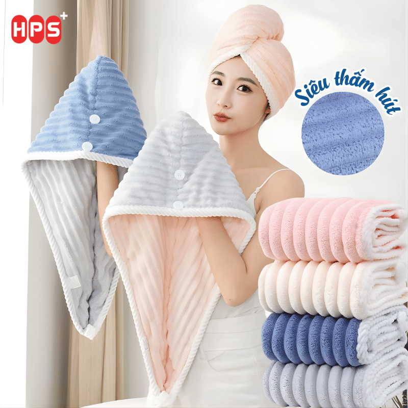 Mũ Quấn Tóc Siêu Thấm Hút Nhanh Khô, Khăn Lau Tóc Lọn Bông To Siêu Thấm