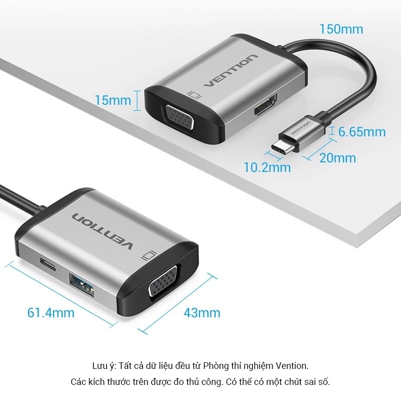 Bộ Chuyển Đổi Vention 4in1 USB C Hub Sang HDMI Vga Cổng Sạc 4K 1080p 3.0 PD Cho Laptop PC Mac