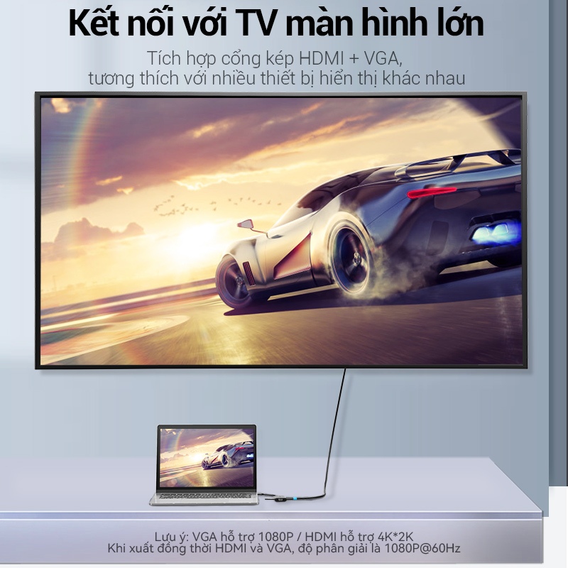 Bộ Chuyển Đổi Vention 4in1 USB C Hub Sang HDMI Vga Cổng Sạc 4K 1080p 3.0 PD Cho Laptop PC Mac