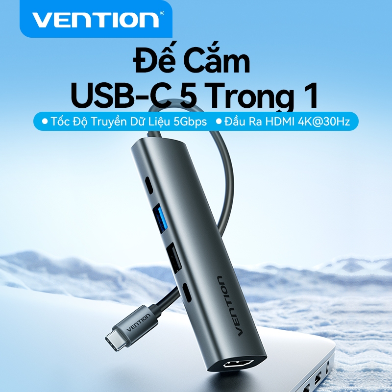 Hub chuyển đổi Vention 5-in-1 HDMI 4K, Sạc Nhanh PD 100W, USB 3.0 5Gbps, Dock Type-C Cho MatBook Laptop