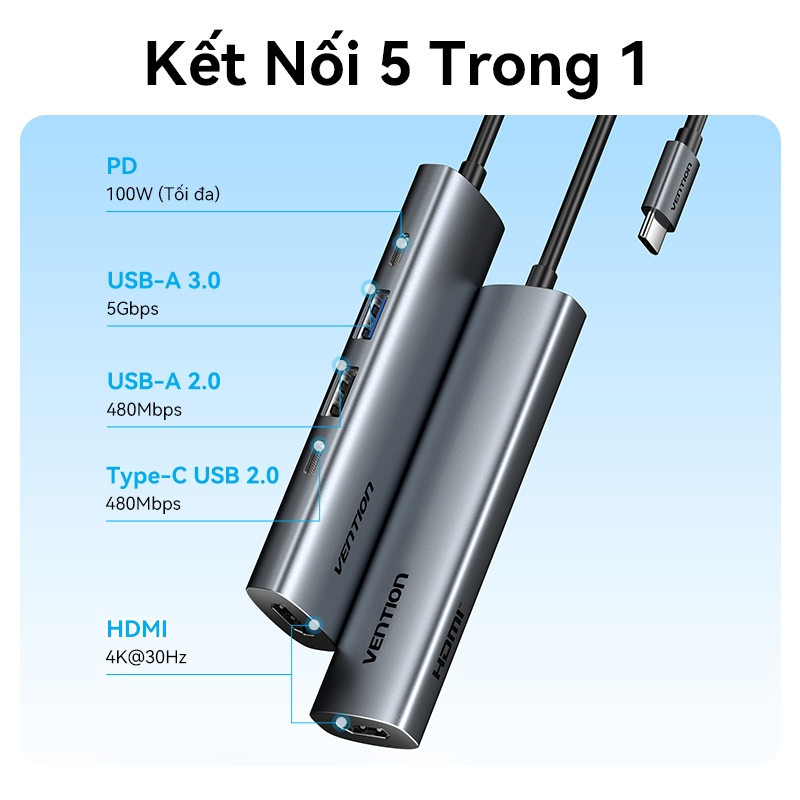 Hub chuyển đổi Vention 5-in-1 HDMI 4K, Sạc Nhanh PD 100W, USB 3.0 5Gbps, Dock Type-C Cho MatBook Laptop