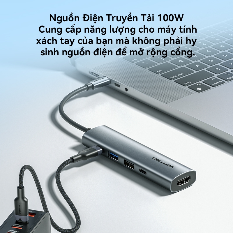 Hub chuyển đổi Vention 5-in-1 HDMI 4K, Sạc Nhanh PD 100W, USB 3.0 5Gbps, Dock Type-C Cho MatBook Laptop