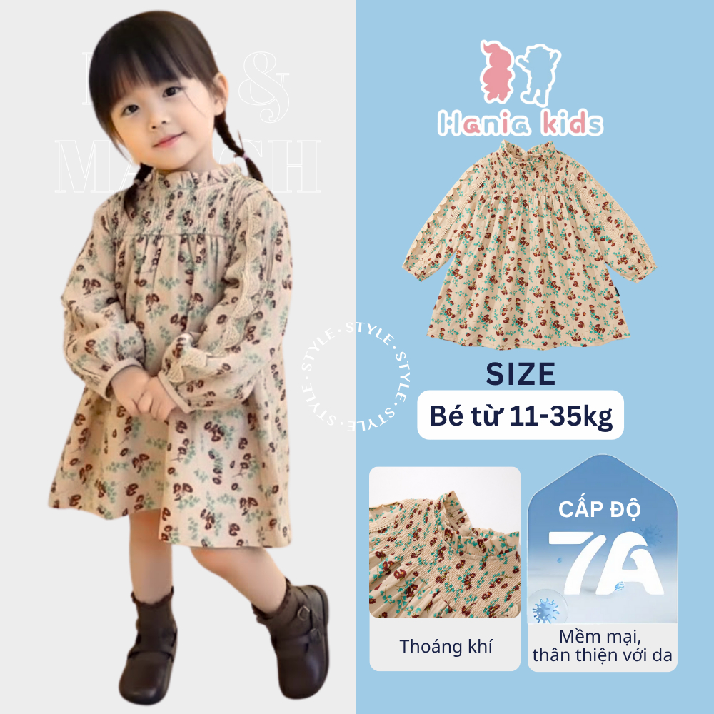Váy Cho Bé Gái HANIA KIDS, Váy Dài Tay Cho Bé  Thiết Kế Cổ Cao Họa Tiết Hoa Nhí Chất Liệu Cotton