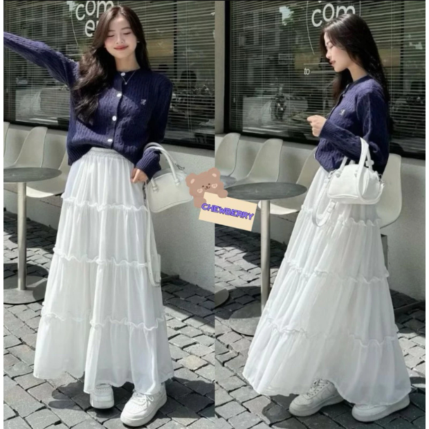 [Peinn] Chân váy dáng dài 4 tầng tiểu thư trắng đen chất voan có quần bảo hộ FA1-0018-84