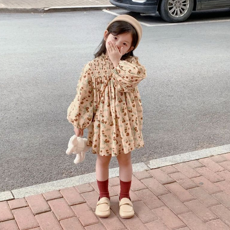 Váy Cho Bé Gái HANIA KIDS, Váy Dài Tay Cho Bé  Thiết Kế Cổ Cao Họa Tiết Hoa Nhí Chất Liệu Cotton