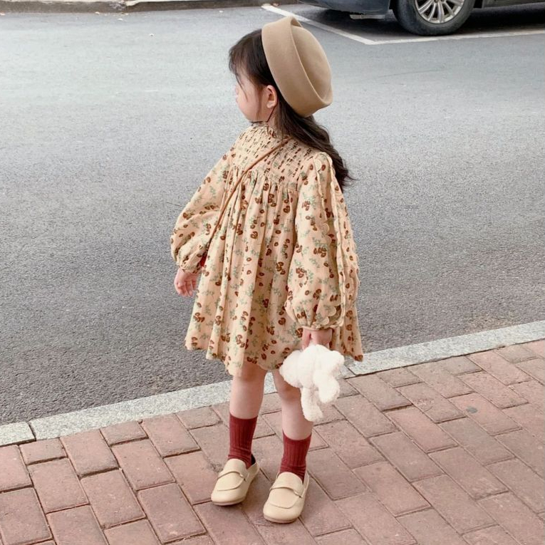 Váy Cho Bé Gái HANIA KIDS, Váy Dài Tay Cho Bé  Thiết Kế Cổ Cao Họa Tiết Hoa Nhí Chất Liệu Cotton