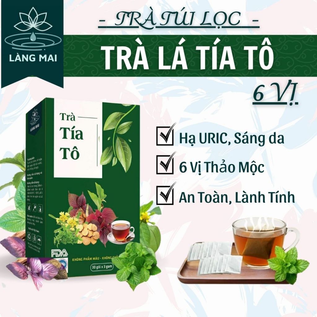 Trà Tía Tô - Làng Mai - 6 Vị  hộp 30 gói được sấy tự nhiên, trà có vị ngọt thanh, hậu vị mát.