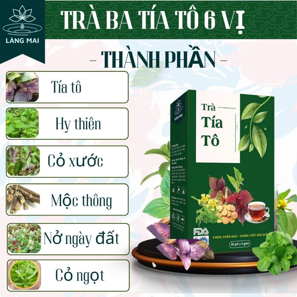Trà Tía Tô (gút) - Làng Mai - 6 Vị hộp 30 gói được sấy tự nhiên, trà có vị ngọt thanh, hậu vị mát.