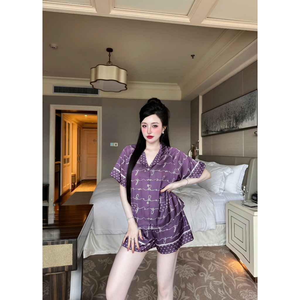 Bộ đùi pijama chất liệu lụa latin cao cấp mặc thoáng mát, thấm hút mồ hôi,không bai nhão S1197 họa tiết