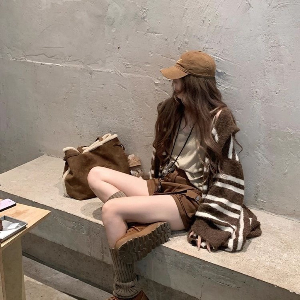 ÁO CHOÀNG LEN DÀI KẺ NÂU – HÀN QUỐC STYLE- SIZE S->XL