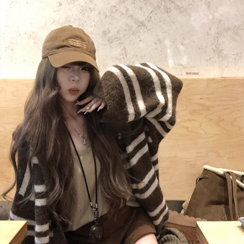 ÁO CHOÀNG LEN DÀI KẺ NÂU – HÀN QUỐC STYLE- SIZE S->XL