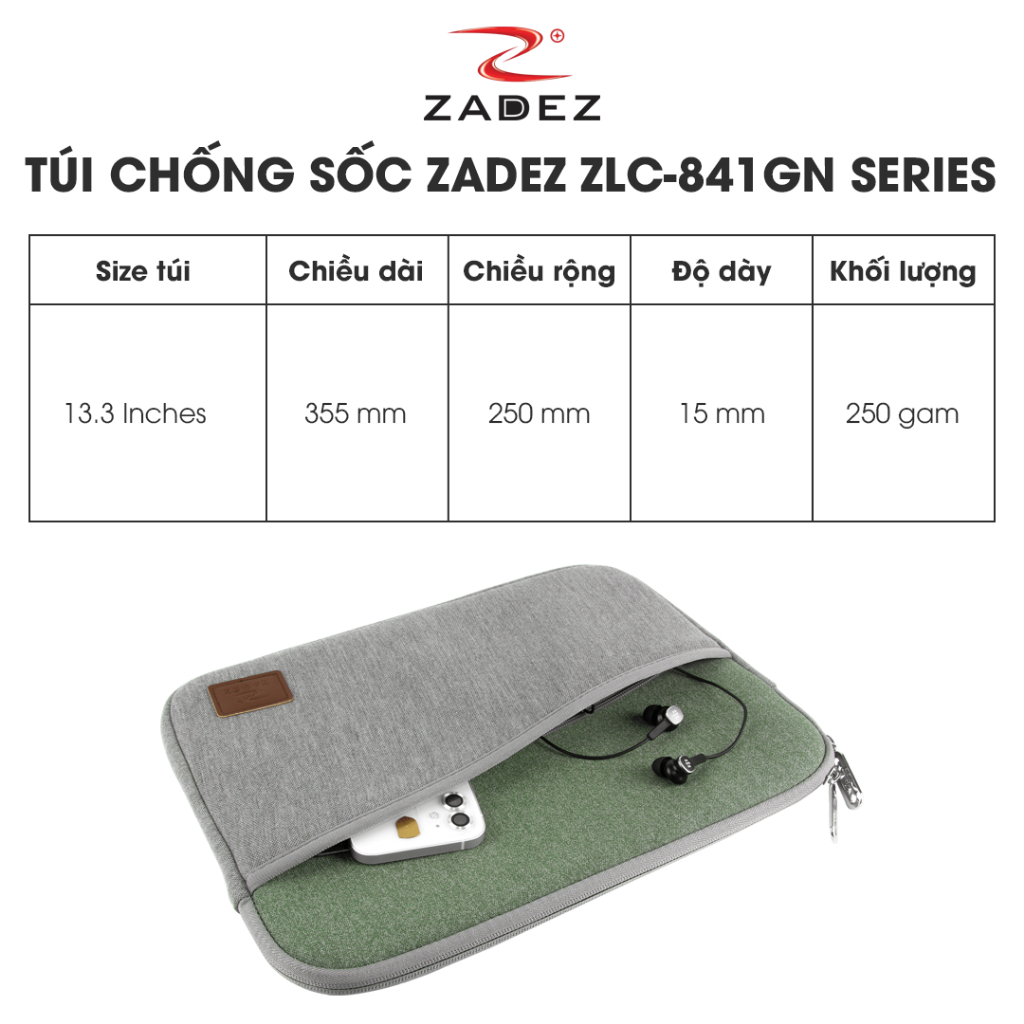 Túi Chống Sốc Laptop ZADEZ ZLC-841GN – 13.3 Inches, Vải Cao Su Bền Bỉ, Chống Trầy Xước