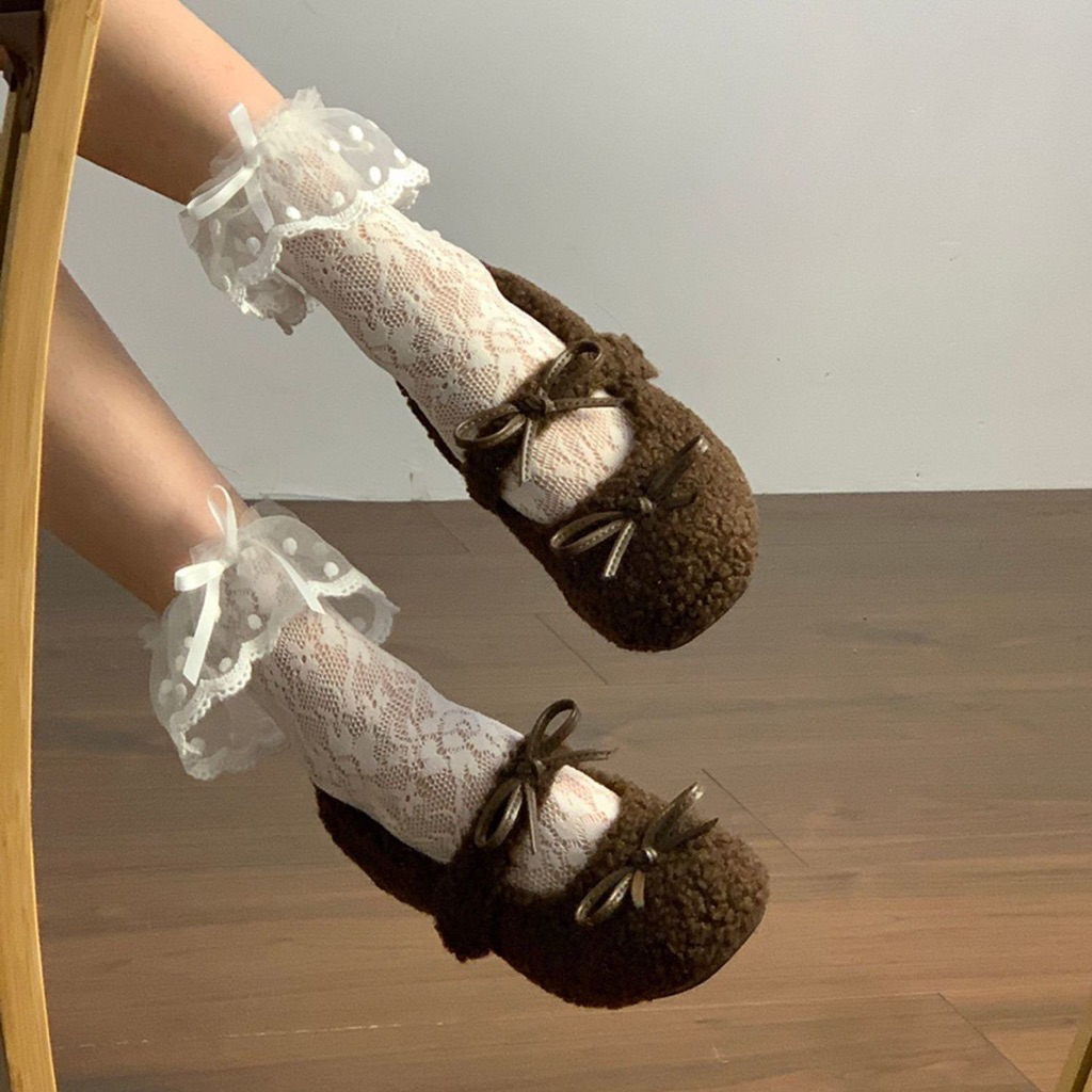 [Ảnh thật]-GIÀY BÚP BÊ LÔNG NỮ SIÊU ẤM – TRẮNG/NÂU-SIZE 35-40