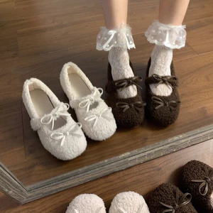 -GIÀY BÚP BÊ LÔNG NỮ SIÊU ẤM – TRẮNG/NÂU-SIZE 35-40