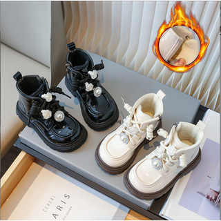 Mới Sz 23-35 Bốt Da Bóng Lót Lông Phối Stick Đá Hoa Hồng Cho Bé Gái K077