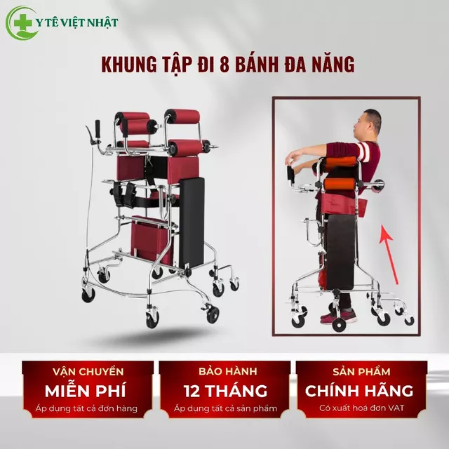 Khung tập đi 8 bánh - Khung tập đi phục hồi chức năng đa chức năng cho người liệt, khung tập đi
