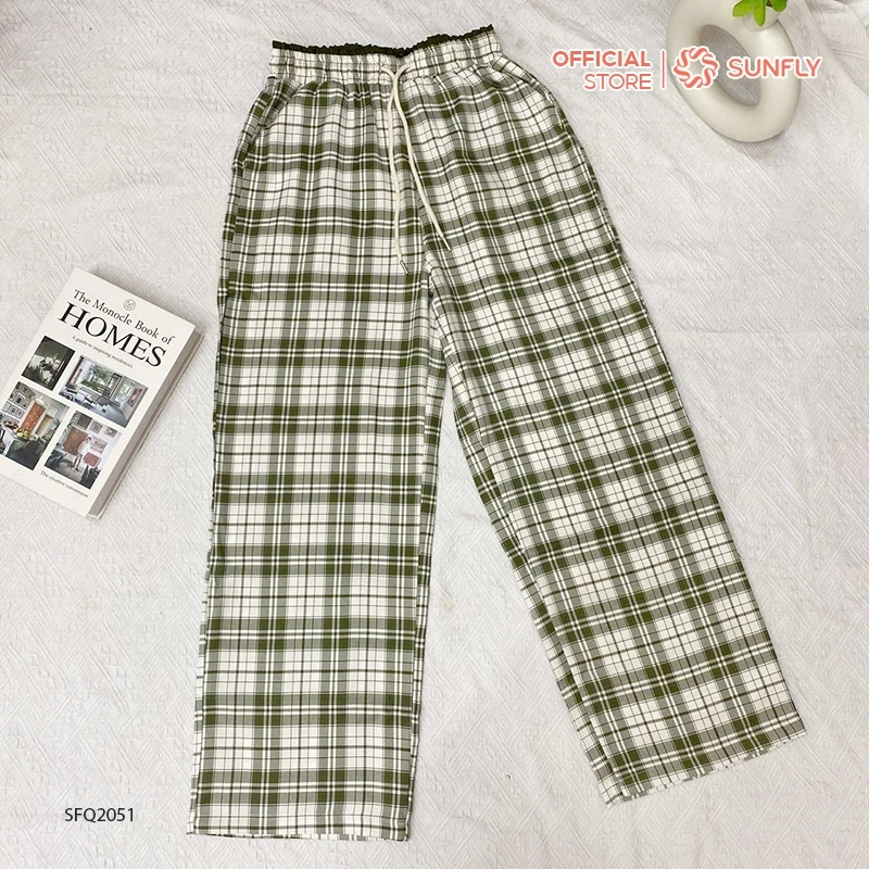 SFQ2051 Quần nữ kate kẻ dáng suông dài thoải mái SUNFLY