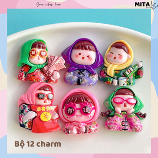 Bộ 12 Sticker, Charm 3D chủ đề bà thím DIY gắn Dép Sục, Cá Sấu JB-149 Mita