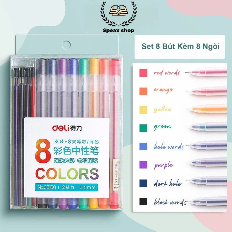 Set 8 Bút Gel Màu Deli 33160 Tặng 8 Ruột Thay  Mực Màu Tươi, Viết Êm, Phù Hợp Học Sinh Văn Phòng