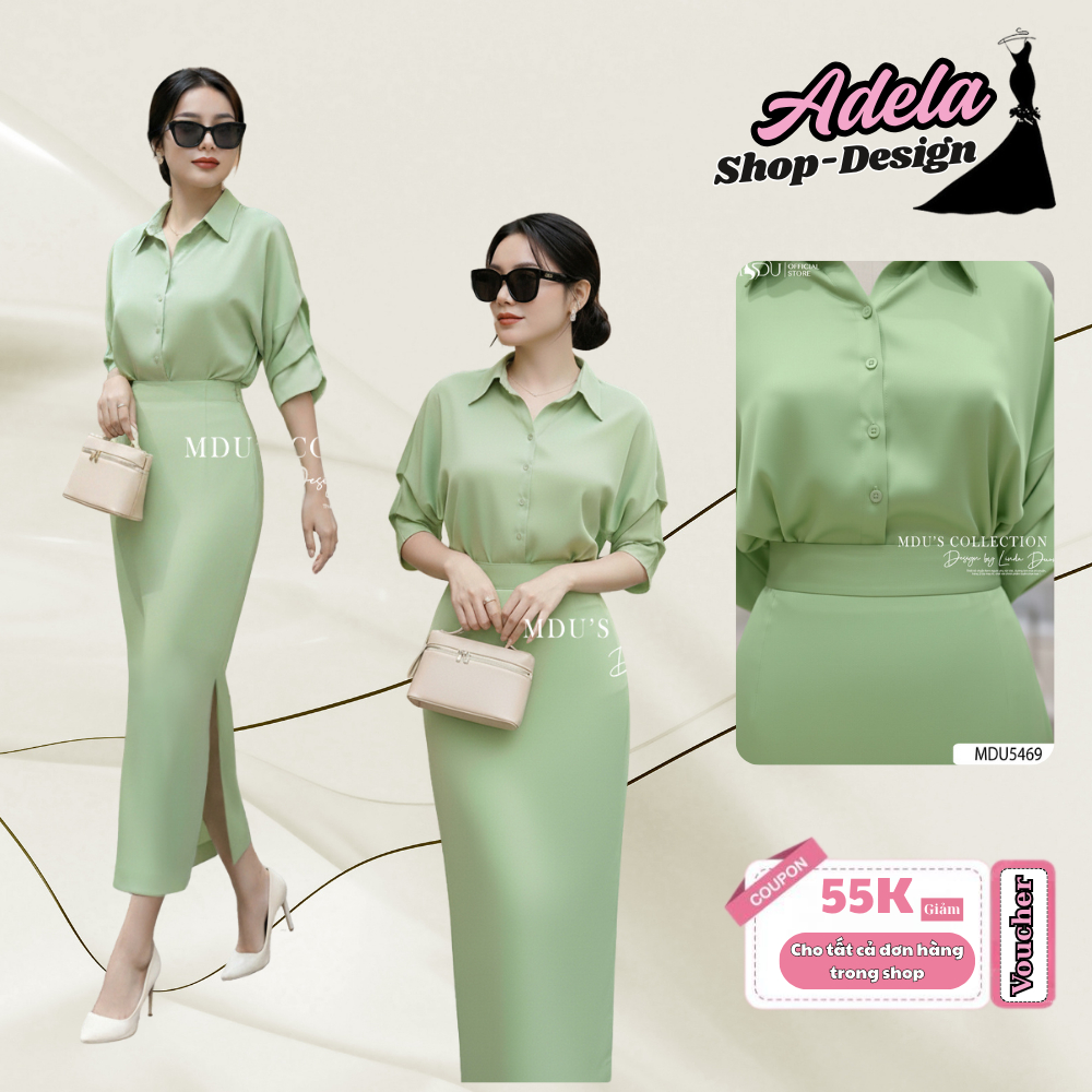 Váy Thiết Kế ADELA DESIGN Công Sở Tay Lửng Chân Váy Suông Tôn Dáng Lụa Twist Satin MDU5469