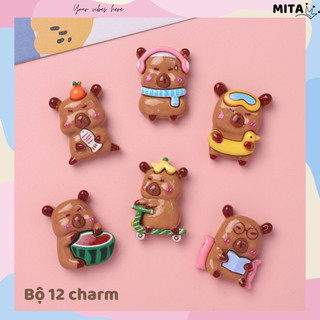 Bộ 12 Sticker, Charm 3D CAPYBARA 2 DIY gắn Dép Sục, Cá Sấu JB-151 Mita