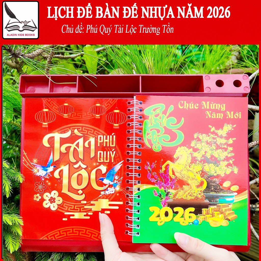 Lịch Để Bàn Đế Nhựa 2026  – Lò Xo Giữa, Mẫu Tết “Chúc Mừng Năm Mới”, Khe Cắm Bút,Ngăn Đựng Namecard