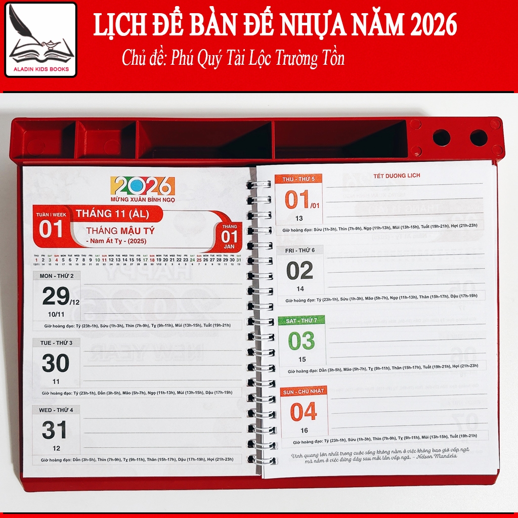Lịch Để Bàn Đế Nhựa 2026  – Lò Xo Giữa, Mẫu Tết “Chúc Mừng Năm Mới”, Khe Cắm Bút,Ngăn Đựng Namecard