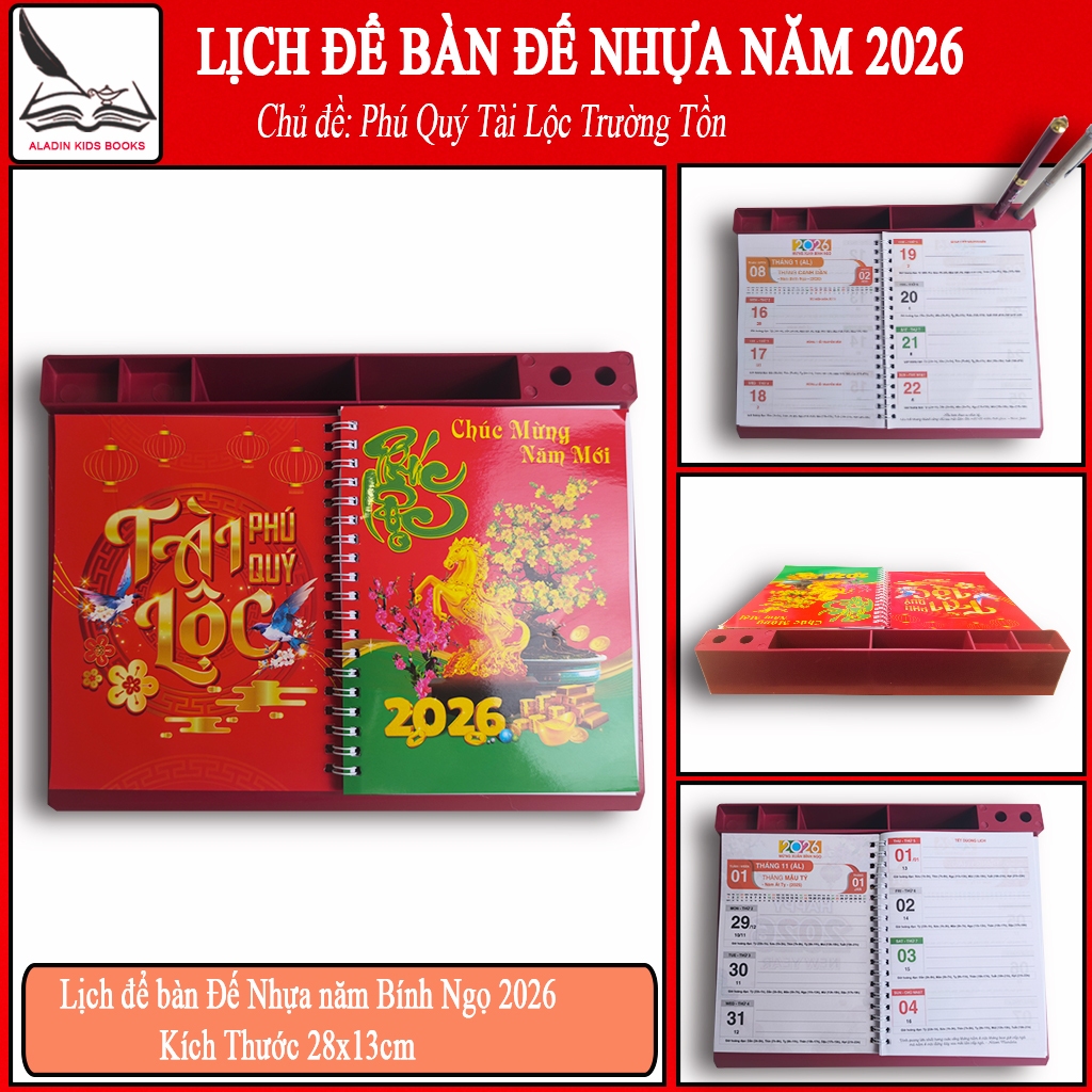 Lịch Để Bàn Đế Nhựa 2026  – Lò Xo Giữa, Mẫu Tết “Chúc Mừng Năm Mới”, Khe Cắm Bút,Ngăn Đựng Namecard