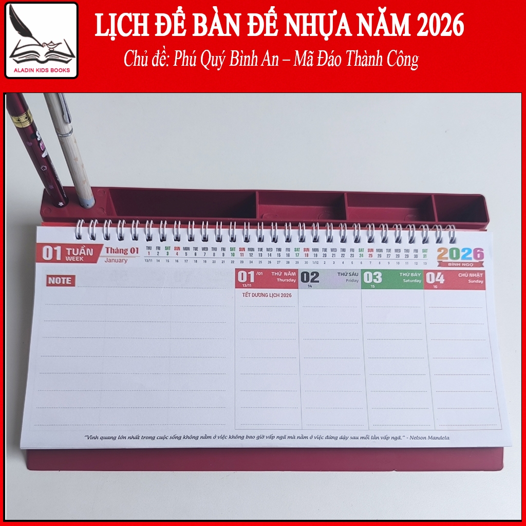 Lịch Để Bàn Đế Nhựa 2026 – Mẫu Mã Đáo Thành Công, Lò Xo Giữa, Trang Trí Bàn Làm Việc