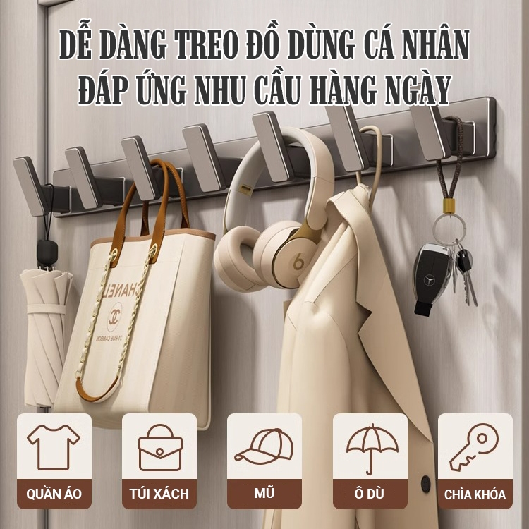 Kaleis Móc treo quần áo đa năng dán tường – Chất liệu nhôm hàng không chống gỉ, chịu lực đến 50kg, kèm keo dán siêu chắc