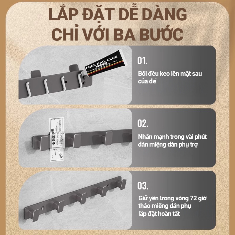 Kaleis Móc treo quần áo đa năng dán tường – Chất liệu nhôm hàng không chống gỉ, chịu lực đến 50kg, kèm keo dán siêu chắc