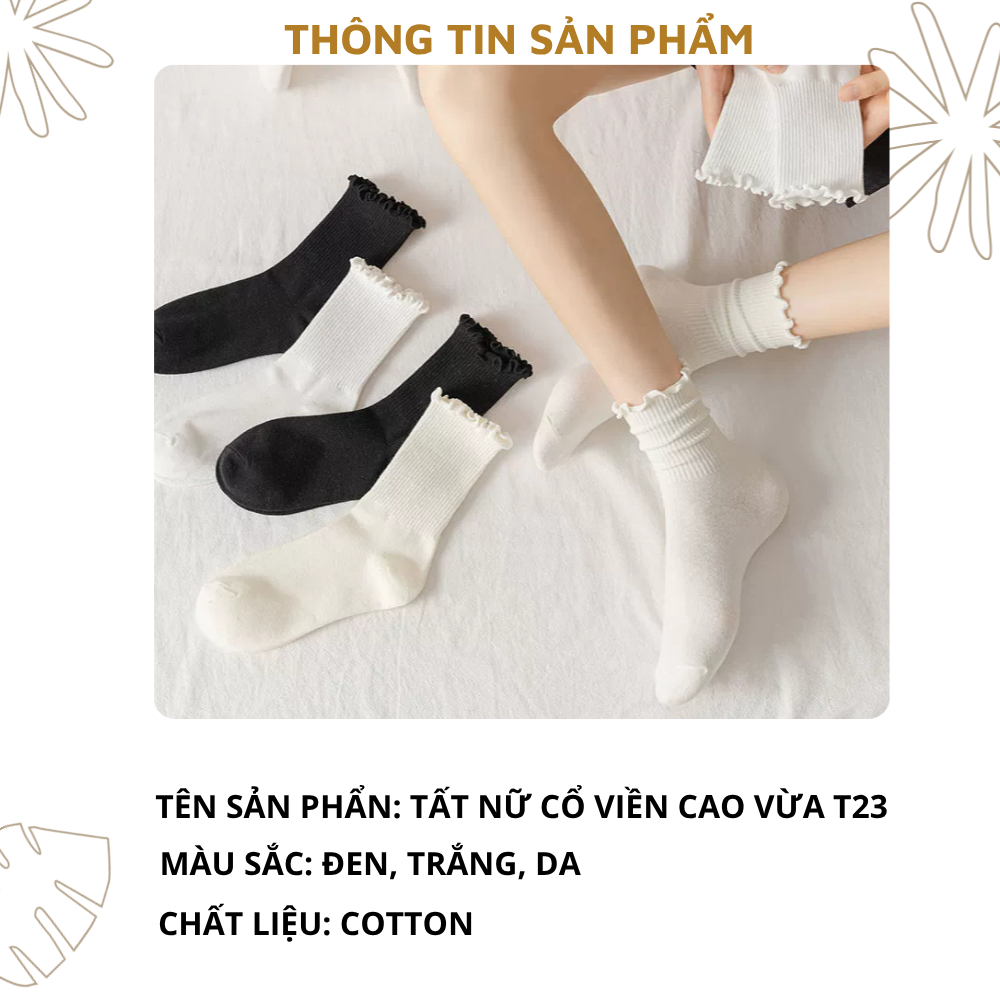 Tất nữ cổ cao vừa chất cotton mềm mịn - Vỡ nữ viền gơn sóng ôm chân thoải mái ZANABRA T23