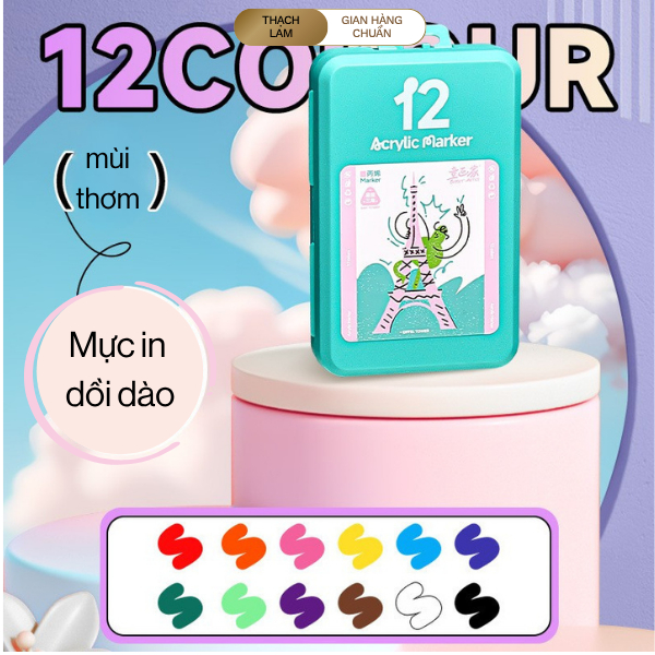 Bút Marker Acrylic brush 12-48 màu cao cấp – Mực đậm, bền màu, tô vẽ siêu mịn, hộp sắt sang trọng