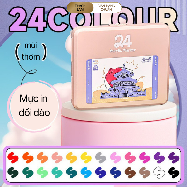 Bút Marker Acrylic brush 12-48 màu cao cấp – Mực đậm, bền màu, tô vẽ siêu mịn, hộp sắt sang trọng