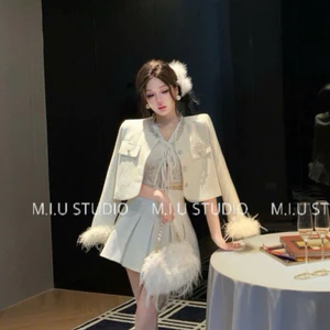 MIU.STUDIO • Set dạ tweed cổ viền ngọc tay phối lông cao cấp ,Áo khoác dạ kèm chân váy xếp ly-hàng 2 lớp dày dặn loại 1