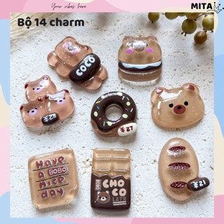 Bộ 14 Sticker, Charm 3D chủ đề gấu Choco gắn Dép Sục, Cá Sấu JB-163 Mita