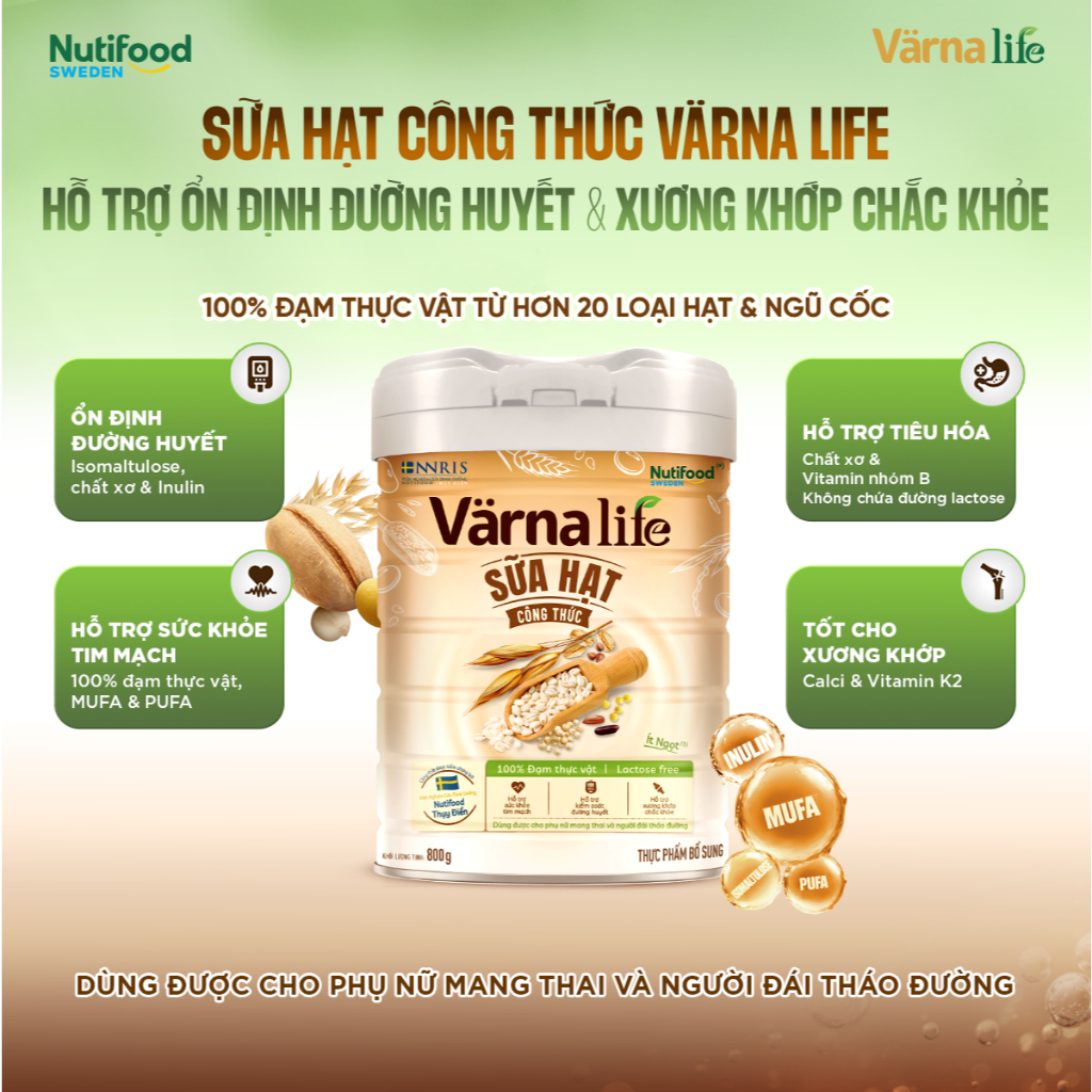 Sữa Hạt VARNA LIFE ( Thùng 12 Lon 800Gr) - Ít Ngọt, Không Lactose, Đạm Thực Vật, Bổ Sung Canxi