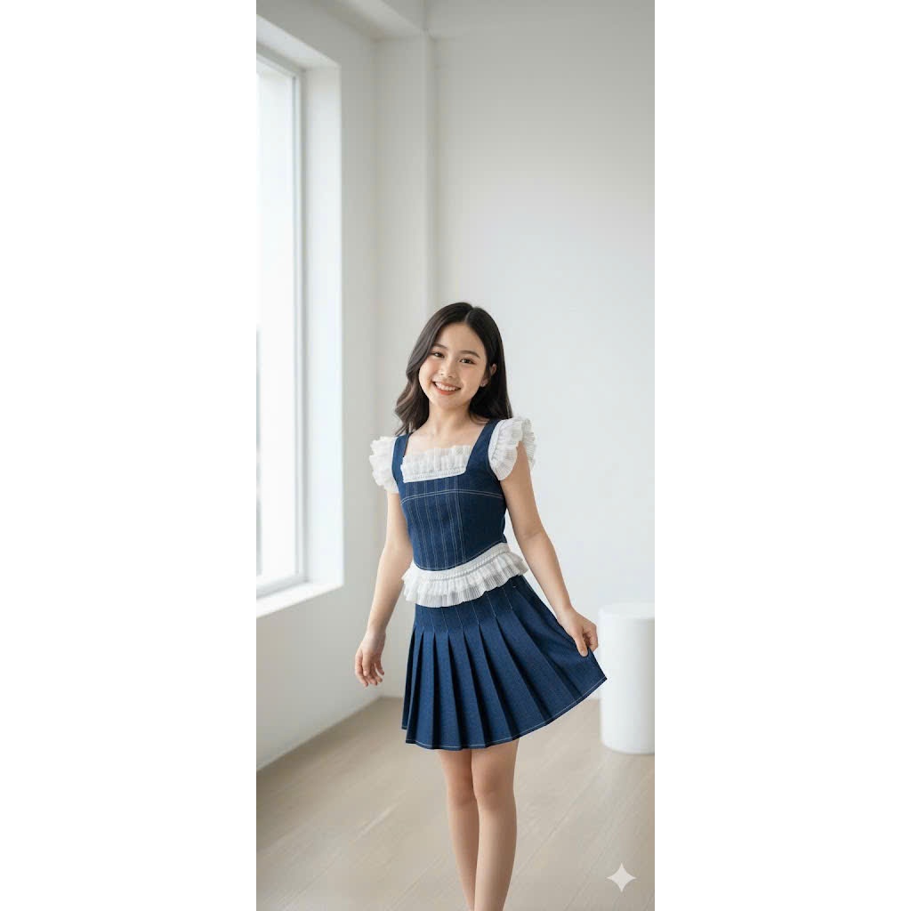 Set Bộ Jean Mẹ và Bé Gái, Áo Croptop Viền Ren Kèm Chân Váy Ngắn Viền Ren Xếp Ly Cao Cấp, Phong Cách Hàn Quốc Năng Động
