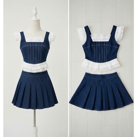 Set Bộ Jean Mẹ và Bé Gái, Áo Croptop Viền Ren Kèm Chân Váy Ngắn Viền Ren Xếp Ly Cao Cấp, Phong Cách Hàn Quốc Năng Động