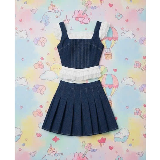 Set Bộ Jean Mẹ và Bé Gái, Áo Croptop Viền Ren Kèm Chân Váy Ngắn Viền Ren Xếp Ly Cao Cấp, Phong Cách Hàn Quốc Năng Động