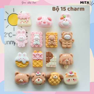 Bộ 15 Sticker, Charm 3D chủ đề bánh gấu gắn Dép Sục, Cá Sấu JB-171 Mita