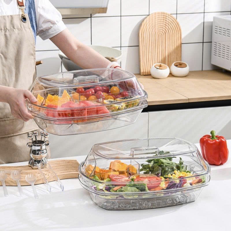 Khay Nhựa 3 Tầng Có Nắp Giữ Lạnh, Hộp Đựng Thức Ăn Salad Trái Cây Rau Củ An Toàn Tiện Lợi