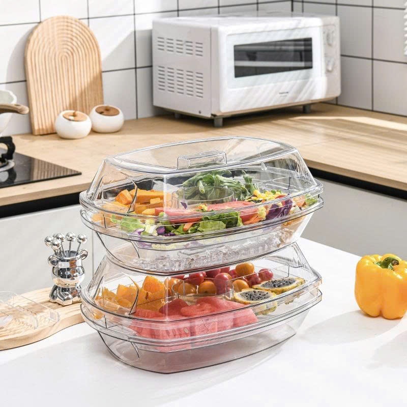 Khay Nhựa 3 Tầng Có Nắp Giữ Lạnh, Hộp Đựng Thức Ăn Salad Trái Cây Rau Củ An Toàn Tiện Lợi
